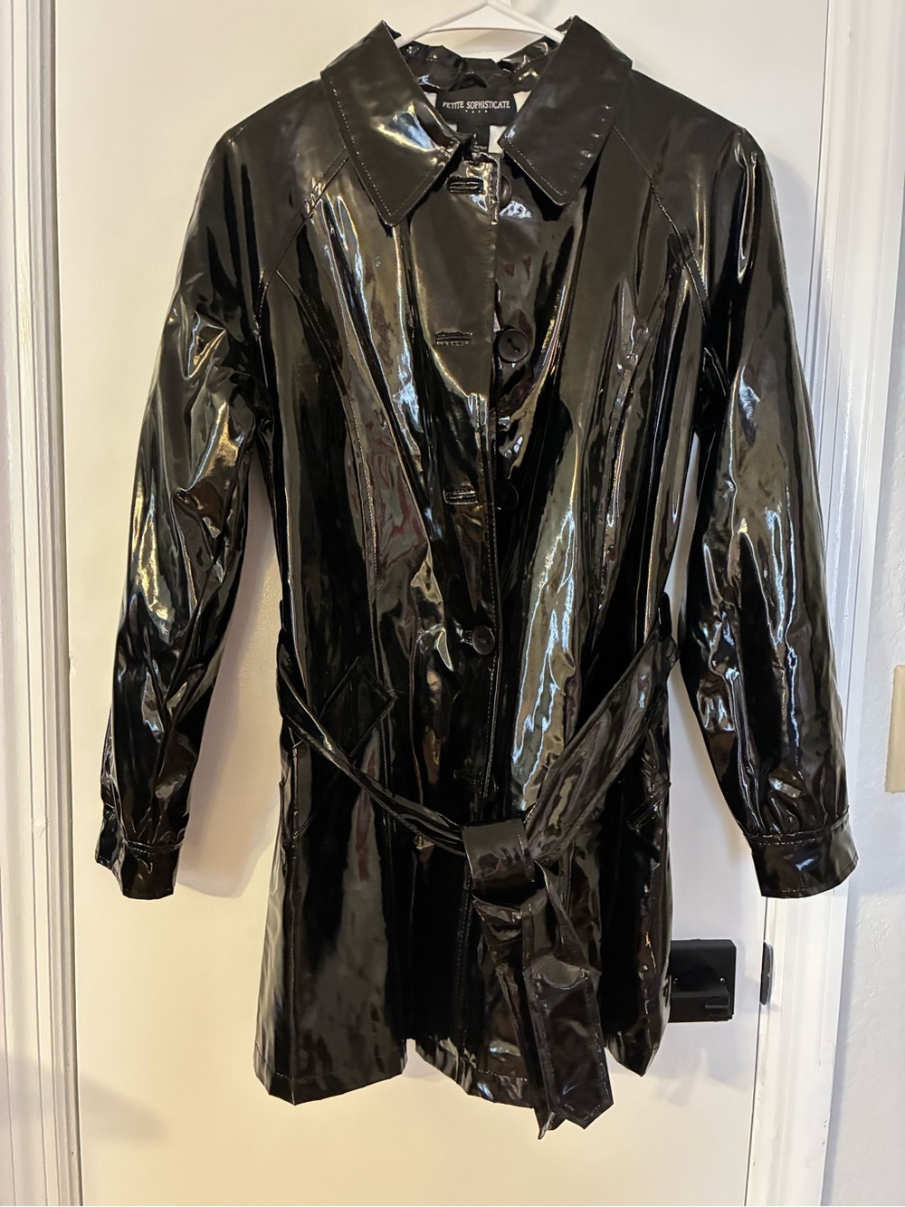 Petite Sophisticate Patent-Look Black Rain/Trench Coat with Belt